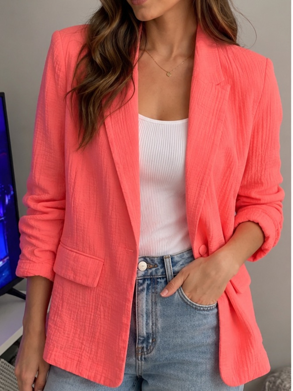 Nine West Coral Pink Textured Open Blazer